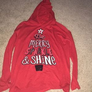 Red long sleeve with hood.